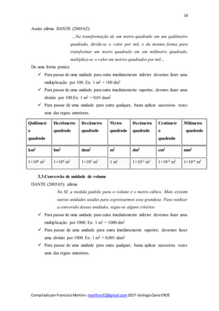 14
CompiladoporFranciscoMartins- marthinsf2@gmail.com 2017- biologia$anoCRDE
Assim afirma DANTE (2005:62):
…Na transformação de um metro quadrado em um quilômetro
quadrado, divide-se o valor por mil, e da mesma forma para
transformar um metro quadrado em um milímetro quadrado,
multiplica-se o valor em metros quadrados por mil…
De uma forma pratica:
 Para passar de uma unidade para outra imediatamente inferior devemos fazer uma
multiplicação por 100. Ex: 1 m2 = 100 dm2
 Para passar de uma unidade para outra imediatamente superior, devmos fazer uma
divisão por 100.Ex: 1 m2 = 0,01 dam2
 Para passar de uma unidade para outra qualquer, basta aplicar sucessivas vezes
uma das regras anteriores.
Quilômetr
o
quadrado
Hectômetro
quadrado
Decâmetro
quadrado
Metro
quadrado
Decímetro
quadrado
Centímetr
o
quadrado
Milímetro
quadrado
km2 hm2 dam2 m2 dm2 cm2 mm2
1×106 m2 1×104 m2 1×102 m2 1 m2 1×10-2 m2 1×10-4 m2 1×10-6 m2
3.3.Conversão de unidade de volume
DANTE (2005:65): afirma
No SI, a medida padrão para o volume é o metro cúbico. Mais existem
outras unidades usadas para expressarmos essa grandeza. Para realizar
a conversão dessas unidades, segue-se alguns critérios:
 Para passar de uma unidade para outra imediatamente inferior devemos fazer uma
multiplicação por 1000. Ex: 1 m3 = 1000 dm3
 Para passar de uma unidade para outra imediatamente superior, devemos fazer
uma divisão por 1000. Ex: 1 m3 = 0,001 dam3
 Para passar de uma unidade para outra qualquer, basta aplicar sucessivas vezes
uma das regras anteriores.
 