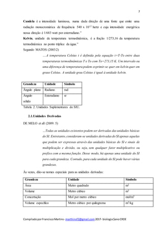 7
CompiladoporFranciscoMartins- marthinsf2@gmail.com 2017- biologia$anoCRDE
Candela é a intensidade luminosa, numa dada direção de uma fonte que emite uma
radiação monocromática de frequência 540 x 1012 hertz e cuja intensidade energética
nessa direção é 1/683 watt por esterradiano.”
Kelvin, unidade de temperatura termodinâmica, é a fração 1/273,16 da temperatura
termodinâmica no ponto tríplice da água.”
Segundo MATOS (2003:2)
….A temperatura Celsius t é definida pela equação t=T-To entre duas
temperaturas termodinâmicas T e To com To=273,15 K. Um intervalo ou
uma diferença de temperatura podem exprimir-se quer em kelvin quer em
graus Celsius. A unidade grau Celsius é igual à unidade kelvin.
Grandeza Unidade Símbolo
Ângulo plano Radiano rad
Ângulo
sólido
Esteradiano sr
Tabela 2. Unidades Suplementares do SIU.
2.1.Unidades Derivadas
DE MELO et all (2009: 5)
…Todas as unidades existentes podem ser derivadas das unidades básicas
do SI. Entretanto,consideram-se unidades derivadas do SI apenas aquelas
que podem ser expressas através das unidades básicas do SI e sinais de
multiplicação e divisão, ou seja, sem qualquer fator multiplicativo ou
prefixo com a mesma função. Desse modo, há apenas uma unidade do SI
para cada grandeza. Contudo, para cada unidade do SI pode haver várias
grandezas.
Às vezes, dão-se nomes especiais para as unidades derivadas:
Grandeza Unidade Símbolo
Área Metro quadrado m2
Volume Metro cúbico m3
Concertação Mol por metro cúbico mol/m3
Volume específico Metro cúbico por quilograma m3/kg
 
