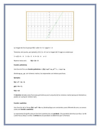 La imagen de 0 es b porque f(0) = a(0) + b = b luego b = –3 
Tomamos otro punto, por ejemplo, el (2, 1); el 1 es la imagen del 2 luego se cumple que: 
1 = a(2) + b → 1 = 2a – 3 → 4 = 2a → a = 2 
Nuestra recta será: f(x) = 2x – 3 
Función polinómica 
Una función f es una función polinómica si,f(x) = anxn + an−1xn−1 + ... + a1x + a0 
donde a0, a1,...,an son números reales y los exponentes son enteros positivos. 
Ejemplos: 
f(x) = x2 − 2x − 3; 
g(x) = 5x + 1; 
h(x) = x3 
El dominio de todas estas funciones polinómicas es el conjunto de los números reales (porque el elemento x 
puede ser cualquier número real). 
Función cuadrática 
Una función de la forma f(x) = ax2 + bx + c, donde a, b y c son constantes y a es diferente de cero, se conoce 
como una función cuadrática. 
La representación gráfica de una función cuadrática es una parábola. Una parábola abre hacia arriba si a > 0 
y abre hacia abajo si a < 0. El vértice de una parábola se determina por la fórmula: 
 