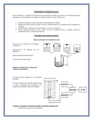 MÉTODOS INFERENCIALES: 
Efectos diferentes a cambio de la posición de una superficie de líquido se pueden usar ventajosamente para 
determinar el nivel de líquidos en recipientes cerrados. Algunos de estos efectos son: 
1. Medición del fluido o cabeza hidrostática desarrollada por el líquido. 
2. Medida de la fuerza boyante creada cuando un miembro detector se sumerge parcial o totalmente en 
el líquido. 
3. Determinación termal entre las fases líquido y vapor en un recipiente. 
4. Varios sistemas eléctricos por los cuales el nivel de líquido puede ser inferido, basado en 
propiedades físicas o eléctricas del líquido. 
SISTEMAS QUE MIDEN NIVELES 
Sistema ultrasónico de medición de nivel 
Se basa en la emisión de un impulso 
ultrasónico. 
Disposiciones de montaje de los 
detectores 
Aplicaciones de alarma de nivel 
Indicación continúa de nivel 
Diagrama de bloques de un sistema de 
medida de ultrasonidos 
El sensor emisor dispone de un oscilador 
excitador 
El nivel se mide en función del tiempo en que 
la señal se desplace del transmisor a la 
superficie del líquido y retorne al receptor 
SISTEMA DE MEDICIÓN POR RAYOS GAMMA O MEDIDOR RADIOACTIVO. 
• Consiste en un emisor de rayos gamma. 
 