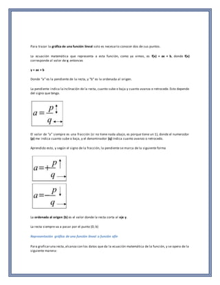 Para trazar la gráfica de una función lineal solo es necesario conocer dos de sus puntos. 
La ecuación matemática que representa a esta función, como ya vimos, es f(x) = ax + b, donde f(x) 
corresponde al valor de y, entonces 
y = ax + b 
Donde “a” es la pendiente de la recta, y “b” es la ordenada al origen. 
La pendiente indica la inclinación de la recta, cuanto sube o baja y cuanto avanza o retrocede. Esto depende 
del signo que tenga. 
El valor de “a” siempre es una fracción (si no tiene nada abajo, es porque tiene un 1), donde el numerador 
(p) me indica cuanto sube o baja, y el denominador (q) indica cuanto avanzo o retrocedo. 
Aprendido esto, y según el signo de la fracción, la pendiente se marca de la siguiente forma 
La ordenada al origen (b) es el valor donde la recta corta al eje y. 
La recta siempre va a pasar por el punto (0; b) 
Representación gráfica de una función lineal o función afín 
Para graficar una recta, alcanza con los datos que da la ecuación matemática de la función, y se opera de la 
siguiente manera: 
 