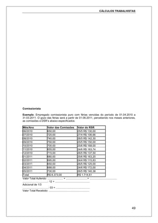 CÁLCULOS TRABALHISTAS
49
Comissionista
Exemplo: Empregado comissionista puro com férias vencidas do período de 01.04.2010 a
31.03.2011. O gozo das férias será a partir de 01.06.2011, percebendo nos meses anteriores,
as comissões e DSR’s abaixo especificados:
Mês/Ano Valor das Comissões Valor do RSR
06/2010 650,00 25/5 R$ 130,00
07/2010 720,00 27/4 R$ 106,66
08/2010 740,00 26/5 R$ 142,30
09/2010 750,00 25/5 R$ 150,00
10/2010 700,00 25/6 R$ 168,00
11/2010 655,00 24/6 R$ 163,74
12/2010 715,00 26/5 R$ 137,50
01/2011 680,00 25/6 R$ 163,20
02/2011 695,00 24/4 R$ 115,83
03/2011 650,00 26/5 R$ 125,00
04/2011 688,00 24/6 R$ 172,00
05/2011 730,00 26/5 R$ 140,38
Total R$ 8.373,00 R$ 1.714,61
Valor Total Auferido: ..................... + .............................= .....................................
..................................: 12 = ...............................................
Adicional de 1/3
...................................: 03 = ..............................................
Valor Total Recebido: .......................................................
 