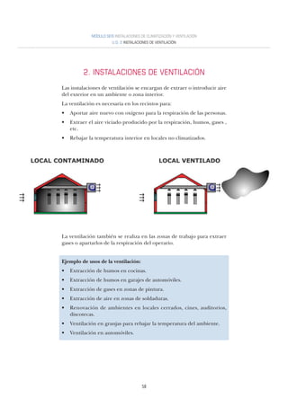 58
2. INSTALACIONES DE VENTILACIÓN
Las instalaciones de ventilación se encargan de extraer o introducir aire
del exterior en un ambiente o zona interior.
La ventilación es necesaria en los recintos para:
• Aportar aire nuevo con oxígeno para la respiración de las personas.
• Extraer el aire viciado producido por la respiración, humos, gases ,
etc.
• Rebajar la temperatura interior en locales no climatizados.
La ventilación también se realiza en las zonas de trabajo para extraer
gases o apartarlos de la respiración del operario.
Ejemplo de usos de la ventilación:
• Extracción de humos en cocinas.
• Extracción de humos en garajes de automóviles.
• Extracción de gases en zonas de pintura.
• Extracción de aire en zonas de soldaduras.
• Renovación de ambientes en locales cerrados, cines, auditorios,
discotecas.
• Ventilación en granjas para rebajar la temperatura del ambiente.
• Ventilación en automóviles.
MÓDULO SEIS INSTALACIONES DE CLIMATIZACIÓN Y VENTILACIÓN
U.D. 2 INSTALACIONES DE VENTILACIÓN
 