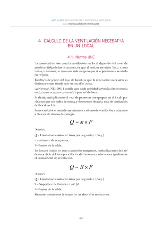 64
MÓDULO SEIS INSTALACIONES DE CLIMATIZACIÓN Y VENTILACIÓN
U.D. 2 INSTALACIONES DE VENTILACIÓN
4. CÁLCULO DE LA VENTILACIÓN NECESARIA
EN UN LOCAL
4.1. Norma UNE
La cantidad de aire para la ventilación un local depende del nivel de
actividad física de los ocupantes, ya que al realizar ejercicio físico, como
bailar, o caminar, se consume más oxígeno que si se permanece sentado
en reposo.
También depende del tipo de local, ya que la ventilación necesaria es
distinta en una tienda que en una discoteca.
La Norma UNE 100011 detalla para cada actividad la ventilación necesaria
en L/s por ocupante, y en m3/h por m2 de local.
Es decir, multiplicamos el total de personas que quepan en el local, por
el factor que nos indica la norma, y obtenemos el caudal total de ventilación
del local en L/s.
Estos caudales se consideran mínimos a efectos de ventilación y máximos
a efectos de ahorro de energía.
Donde:
Q = Caudal necesario en Litros por segundo [L/seg.]
n = número de ocupantes.
F= Factor de la tabla.
En locales donde no conozcamos los ocupantes, multiplicaremos los m2
de superficie del local por el factor de la norma, y obtenemos igualmente
el caudal total de ventilación.
Donde:
Q = Caudal necesario en Litros por segundo [L/seg.]
S = Superficie del local en [ m2 ]d.
F= Factor de la tabla.
Siempre tomaremos la mayor de las dos cifras resultantes.
FnQ ×=
FSQ ×=
 