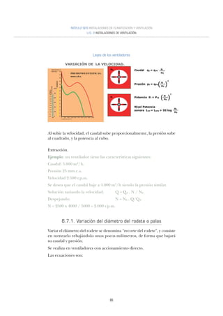 86
MÓDULO SEIS INSTALACIONES DE CLIMATIZACIÓN Y VENTILACIÓN
U.D. 2 INSTALACIONES DE VENTILACIÓN
Leyes de los ventiladores
Al subir la velocidad, el caudal sube proporcionalmente, la presión sube
al cuadrado, y la potencia al cubo.
Extracción.
Ejemplo: un ventilador tiene las características siguientes:
Caudal: 5.000 m3/h.
Presión 25 mm.c.a.
Velocidad 2.500 r.p.m.
Se desea que el caudal baje a 4.000 m3/h siendo la presión similar.
Solución variando la velocidad: Q = Q0 . N / N0
Despejando: N = N0 . Q/Q0
N = 2500 x 4000 / 5000 = 2.000 r.p.m.
6.7.1. Variación del diámetro del rodete o palas
Variar el diámetro del rodete se denomina “recorte del rodete”, y consiste
en tornearlo rebajándolo unos pocos milímetros, de forma que bajará
su caudal y presión.
Se realiza en ventiladores con accionamiento directo.
Las ecuaciones son:
 