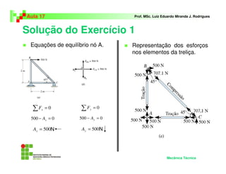 Solução do Exercício 1
Representação dos esforços
nos elementos da treliça.
Aula 17 Prof. MSc. Luiz Eduardo Miranda J. Rodrigues
Mecânica Técnica
Equações de equilíbrio nó A.
∑ = 0yF
0500 =− yA
500=yA
∑ = 0xF
0500 =− xA
500=xA N N
 