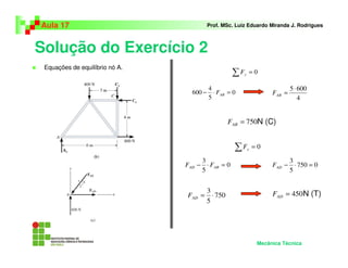 Solução do Exercício 2
Equações de equilíbrio nó A.
Aula 17 Prof. MSc. Luiz Eduardo Miranda J. Rodrigues
Mecânica Técnica
∑ = 0yF
0
5
3
=⋅− ABAD FF 0750
5
3
=⋅−ADF
750
5
3
⋅=ADF 450=ADF
∑ = 0xF
0
5
4
600 =⋅− ABF
4
6005⋅
=ABF
750=ABF N (C)
N (T)
 