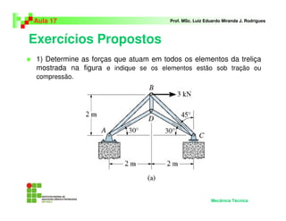 Exercícios Propostos
Aula 17 Prof. MSc. Luiz Eduardo Miranda J. Rodrigues
1) Determine as forças que atuam em todos os elementos da treliça
mostrada na figura e indique se os elementos estão sob tração ou
compressão.
Mecânica Técnica
 
