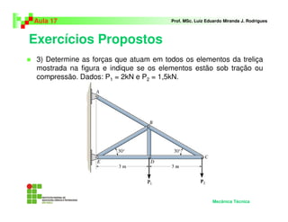 Exercícios Propostos
Aula 17 Prof. MSc. Luiz Eduardo Miranda J. Rodrigues
3) Determine as forças que atuam em todos os elementos da treliça
mostrada na figura e indique se os elementos estão sob tração ou
compressão. Dados: P1 = 2kN e P2 = 1,5kN.
Mecânica Técnica
 