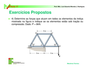Exercícios Propostos
Aula 17 Prof. MSc. Luiz Eduardo Miranda J. Rodrigues
4) Determine as forças que atuam em todos os elementos da treliça
mostrada na figura e indique se os elementos estão sob tração ou
compressão. Dado: P = 8kN.
Mecânica Técnica
 