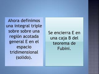 Ahora definimos
una integral triple
sobre sobre una
región acotada
general E en el
espacio
tridimensional
(solido).
Se encierra E en
una caja B del
teorema de
Fubini.
 