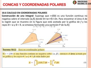 10.6 CALCULO EN COORDENADAS POLARES
Construcción de una integral: Suponga que r=f(Θ) es una función continua no
negativa sobre el intervalo [α,ß] donde 0<=α<=ß<=2π. Para encontrar el área A de
la región que se muestra en la Figura que está acotada por la gráfica de f y los
rayos Θ = α y Θ = ß, se empieza formando una partición P de [α,ß]:
CONICAS Y COORDENADAS POLARES
 