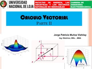 CALCULO VECTORIAL
PARTE II
Jorge Patricio Muñoz Vizhñay
Ing. Eléctrico, MSc. , MBA
FACULTAD DE ENERGÍA, LAS
INDUSTRIAS Y LOS RECURSOS
NATURALES NO RENOVABLES
CARRERA DE
INGENIERÍA
ELECTROMECÁNICA
 