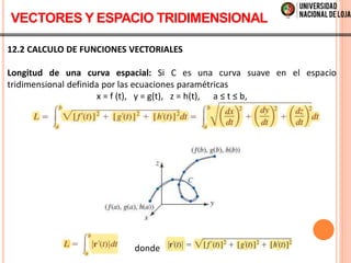 12.2 CALCULO DE FUNCIONES VECTORIALES
Longitud de una curva espacial: Si C es una curva suave en el espacio
tridimensional definida por las ecuaciones paramétricas
x = f (t), y = g(t), z = h(t), a ≤ t ≤ b,
donde
VECTORES Y ESPACIO TRIDIMENSIONAL
 