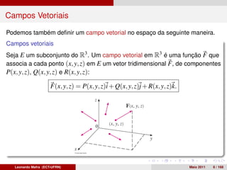 Campos Vetoriais

Podemos também deﬁnir um campo vetorial no espaço da seguinte maneira.
Campos vetoriais
Seja E um subconjunto do R3 . Um campo vetorial em R3 é uma função F que
associa a cada ponto (x, y, z) em E um vetor tridimensional F , de componentes
P(x, y, z), Q(x, y, z) e R(x, y, z):

                      F(x, y, z) = P(x, y, z)i + Q(x, y, z)j + R(x, y, z)k.




   Leonardo Mafra (ECT-UFRN)                                                  Maio 2011   6 / 168
 