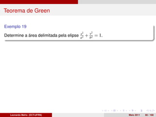 Teorema de Green

Exemplo 19
                                        x2   y2
Determine a área delimitada pela elipse a2 + b2 = 1.




   Leonardo Mafra (ECT-UFRN)                           Maio 2011   66 / 168
 