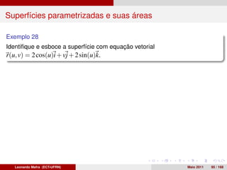 Superfícies parametrizadas e suas áreas

Exemplo 28
Identiﬁque e esboce a superfície com equação vetorial
r(u, v) = 2 cos(u)i + vj + 2 sin(u)k.




   Leonardo Mafra (ECT-UFRN)                            Maio 2011   95 / 168
 