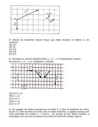 O módulo da resultante dessas forças que estão atuando no objeto é, em
newtons:
(A) 2,0
(B) 10
(C) 4,0
(D) 6,0
(E) 8,0
8. Considere os vetores deslocamentos
r
a ,
r
b ,
r
c e
r
d desenhados a seguir:
Os vetores
r
a ,
r
b ,
r
c e
r
d satisfazem a relação:
(A)
r r r r
a b c d++ ++ ==
(B)
r r r
b c d−− ==
(C)
r r r
a b c++ ==
(D)
r r r
b c d++ ==
(E)
r r r
a c b++ ==
9. Um jogador de futebol encontra-se no ponto P, a 50m de distância do centro
do gol e a 30m da linha de fundo. Em um dado momento, o jogador avança com
uma velocidade de módulo v = 5,0m/s , em direção ao gol. Nesse instante, a
velocidade com que ele se aproxima da linha de fundo tem módulo igual a:
 