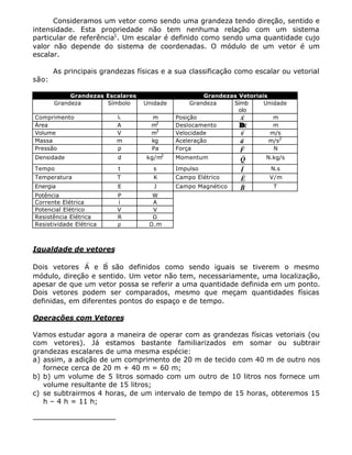 Consideramos um vetor como sendo uma grandeza tendo direção, sentido e
intensidade. Esta propriedade não tem nenhuma relação com um sistema
particular de referência1
. Um escalar é definido como sendo uma quantidade cujo
valor não depende do sistema de coordenadas. O módulo de um vetor é um
escalar.
As principais grandezas físicas e a sua classificação como escalar ou vetorial
são:
Grandezas Escalares Grandezas Vetoriais
Grandeza Símbolo Unidade Grandeza Símb
olo
Unidade
Comprimento L m Posição
r
x m
Área A m2
Deslocamento ∆∆
r
x m
Volume V m3
Velocidade
r
v m/s
Massa m kg Aceleração
r
a m/s2
Pressão p Pa Força
r
F N
Densidade d kg/m3
Momentum
r
Q N.kg/s
Tempo t s Impulso
r
I N.s
Temperatura T K Campo Elétrico
r
E V/m
Energia E J Campo Magnético
r
B T
Potência P W
Corrente Elétrica i A
Potencial Elétrico V V
Resistência Elétrica R Ω
Resistividade Elétrica ρ Ω.m
Igualdade de vetores
Dois vetores A e B
r r
são definidos como sendo iguais se tiverem o mesmo
módulo, direção e sentido. Um vetor não tem, necessariamente, uma localização,
apesar de que um vetor possa se referir a uma quantidade definida em um ponto.
Dois vetores podem ser comparados, mesmo que meçam quantidades físicas
definidas, em diferentes pontos do espaço e de tempo.
Operações com Vetores
Vamos estudar agora a maneira de operar com as grandezas físicas vetoriais (ou
com vetores). Já estamos bastante familiarizados em somar ou subtrair
grandezas escalares de uma mesma espécie:
a) assim, a adição de um comprimento de 20 m de tecido com 40 m de outro nos
fornece cerca de 20 m + 40 m = 60 m;
b) b) um volume de 5 litros somado com um outro de 10 litros nos fornece um
volume resultante de 15 litros;
c) se subtrairmos 4 horas, de um intervalo de tempo de 15 horas, obteremos 15
h – 4 h = 11 h;
 