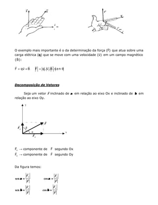 O exemplo mais importante é o da determinação da força (F)
r
que atua sobre uma
carga elétrica (q) que se move com uma velocidade (v)
r
em um campo magnético
(B):
r
F qv B F q.v.B.sen= × ⇒ = θ
r r r rr r
Decomposição de Vetores
Seja um vetor
r
F inclinado de αα em relação ao eixo Ox e inclinado de ββ em
relação ao eixo Oy.
y
r
F
r
Fy
β
α xr
Fx
x
y
F componente de F segundo Ox
F componente de F segundo Oy
→
→
r r
r r
Da figura temos:
sen αα ==
r
r
F
F
y
cosαα ==
r
r
F
F
x
sen ββ ==
r
r
F
F
x
cos ββ ==
r
r
F
F
y
 