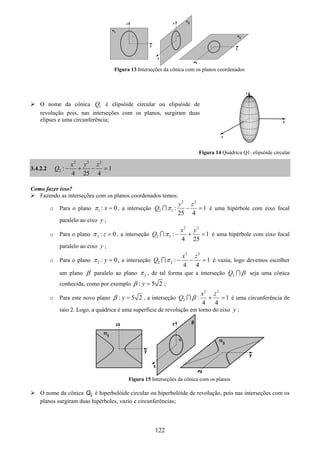 122
Figura 13 Interseções da cônica com os planos coordenados
O nome da cônica 1Q é elipsóide circular ou elipsóide de
revolução pois, nas interseções com os planos, surgiram duas
elipses e uma circunferência;
3.4.2.2
2 2 2
2 : 1
4 25 4
x y z
Q − + − =
Como fazer isso?
Fazendo as interseções com os planos coordenados temos:
o Para o plano 1 : 0xπ = , a interseção
2 2
2 1 : 1
25 4
y z
Q π − =∩ é uma hipérbole com eixo focal
paralelo ao eixo y ;
o Para o plano 3 : 0zπ = , a interseção
2 2
2 3 : 1
4 25
x y
Q π − + =∩ é uma hipérbole com eixo focal
paralelo ao eixo y ;
o Para o plano 2 : 0yπ = , a interseção
2 2
2 2 : 1
4 4
x z
Q π − − =∩ é vazia, logo devemos escolher
um plano β paralelo ao plano 2π , de tal forma que a interseção 2Q β∩ seja uma cônica
conhecida, como por exemplo : 5 2yβ = ;
o Para este novo plano : 5 2yβ = , a interseção
2 2
2 : 1
4 4
x z
Q β + =∩ é uma circunferência de
raio 2. Logo, a quádrica é uma superfície de revolução em torno do eixo y ;
Figura 15 Interseções da cônica com os planos
O nome da cônica 2Q é hiperbolóide circular ou hiperbolóide de revolução, pois nas interseções com os
planos surgiram duas hipérboles, vazio e circunferências;
Figura 14 Quádrica Q1: elipsóide circular
 