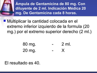 Ámpula de Gentamicina de 80 mg. Con
diluyente de 2 ml. Indicación Médica 20
mg. De Gentamicina cada 8 horas.
 Multiplicar...