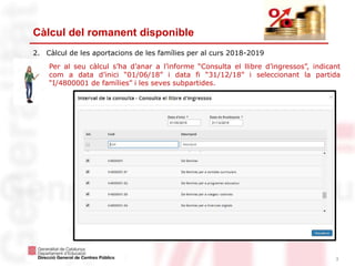 3
Càlcul del romanent disponible
2. Càlcul de les aportacions de les famílies per al curs 2018-2019
Per al seu càlcul s’ha d’anar a l’informe “Consulta el llibre d’ingressos”, indicant
com a data d’inici “01/06/18” i data fi “31/12/18” i seleccionant la partida
“I/4800001 de famílies” i les seves subpartides.
 