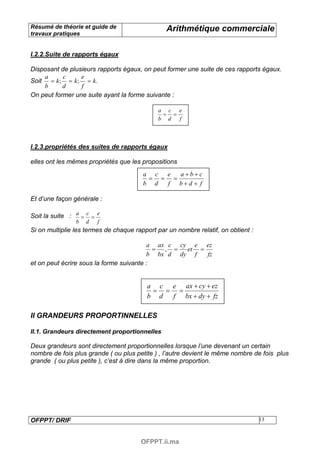 Résumé de théorie et guide de                   Arithmétique commerciale
travaux pratiques


I.2.2.Suite de rapports égaux

Disposant de plusieurs rapports égaux, on peut former une suite de ces rapports égaux.
    a      c     e
Soit = k ; = k ; = k .
    b      d     f
On peut former une suite ayant la forme suivante :

                                             a c e
                                              = =
                                             b d f



I.2.3.propriétés des suites de rapports égaux

elles ont les mêmes propriétés que les propositions
                                        a c e  a+b+c
                                         = = =
                                        b d f b+d + f

Et d’une façon générale :

Soit la suite : a = c = e
                b   d   f
Si on multiplie les termes de chaque rapport par un nombre relatif, on obtient :

                                          a ax c cy e ez
                                           = , =   et =
                                         b bx d dy f    fz
et on peut écrire sous la forme suivante :


                                         a c e ax + cy + ez
                                          = = =
                                         b d f bx + dy + fz

II GRANDEURS PROPORTINNELLES

II.1. Grandeurs directement proportionnelles

Deux grandeurs sont directement proportionnelles lorsque l’une devenant un certain
nombre de fois plus grande ( ou plus petite ) , l’autre devient le même nombre de fois plus
grande ( ou plus petite ), c’est à dire dans la même proportion.




OFPPT/ DRIF                                                                        13



                                       OFPPT.ii.ma
 