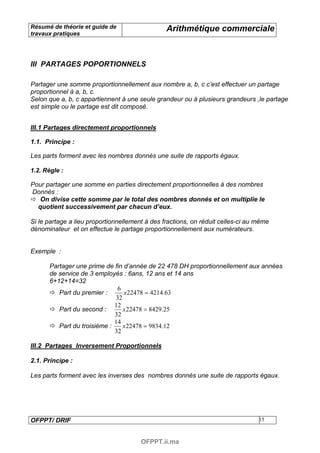 Résumé de théorie et guide de                   Arithmétique commerciale
travaux pratiques




III PARTAGES POPORTIONNELS

Partager une somme proportionnellement aux nombre a, b, c c’est effectuer un partage
proportionnel à a, b, c.
Selon que a, b, c appartiennent à une seule grandeur ou à plusieurs grandeurs ,le partage
est simple ou le partage est dit composé.


III.1 Partages directement proportionnels

1.1. Principe :

Les parts forment avec les nombres donnés une suite de rapports égaux.

1.2. Règle :

Pour partager une somme en parties directement proportionnelles à des nombres
Donnés :
   On divise cette somme par le total des nombres donnés et on multiplie le
  quotient successivement par chacun d’eux.

Si le partage a lieu proportionnellement à des fractions, on réduit celles-ci au même
dénominateur et on effectue le partage proportionnellement aux numérateurs.


Exemple :

      Partager une prime de fin d’année de 22 478 DH proportionnellement aux années
      de service de 3 employés : 6ans, 12 ans et 14 ans
      6+12+14=32
                              6
         Part du premier :      x 22478 = 4214.63
                             32
                             12
         Part du second :       x 22478 = 8429.25
                             32
                             14
         Part du troisième :    x 22478 = 9834.12
                             32

III.2 Partages Inversement Proportionnels

2.1. Principe :

Les parts forment avec les inverses des nombres donnés une suite de rapports égaux.




OFPPT/ DRIF                                                                      15



                                       OFPPT.ii.ma
 