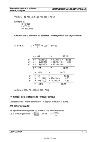 Résumé de théorie et guide de                           Arithmétique commerciale
travaux pratiques


     Vérifions : 12 730 x 8.5 x 26 / 36 000 = 78.13.

     Exemple 2 :
           C = 3 028
           t = 7.5 %
           n = 111 jours


     Calculer par la méthode du soixante l’intérêt produit par ce placement.




     Si t = 6 %              D = 36000 = 6 000         B = 60
                                   6



                               n = 60                 I=             30.28
                       si      n = 120 (60*2)         I = 30.28 x 2 =      60.56
                       si      n = 6 (60/10)          I = 30.28 / 10 =      3.03
                       si      n = 3 (60/20)          I = 30.28 / 20 =      1.51
                               n = 111                I=             56.02

                                t=   6%          I=               56.02
                        si      t=   6         I=                        56.02
                        si      t=   1 (6/6) I = 56.02 / 6 =              9.33
                        si      t=   0.5 (1/2) I = 9.33 / 2 =             4.67
                                t=   7.5 %       I=                70.02


     vérifions : 3 028 x 7.5 x 111 / 36 000 = 70.02


IV. Calcul des facteurs de l’intérêt simple

Les facteurs de l’intérêt simple sont : le capital, le taux et la durée.

IV.1 calcul du capital

Il s’agit de la somme placée ou prêtée à une date déterminée
De la formule générale I = Cxtxn on tire C = 36000xI
                            36000                  txn




OFPPT/ DRIF                                                                        25



                                             OFPPT.ii.ma
 