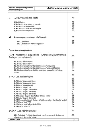 Résumé de théorie et guide de                   Arithmétique commerciale
travaux pratiques




V.     L’équivalence des effets                                             43

      V.1 Définition                                                        45
      V.2 Calcul de la valeur nominale                                      45
      V.3 Calcul de l’échéance                                              46
      V.4 Calcul du taux de l’escompte                                      48
      V.5 Echéance moyenne                                                  50


VI.   Les comptes courants et d’intérêt                                     51

          VI.1 Définitions                                                  51
          VI.2 La méthode hambourgeoise                                     51


Guide de travaux pratique

I TP1 Rapports et proportions - Grandeurs proportionnels-                   55
Partages proportionnels

      I.1. Calcul de nombres                                                55
      I.2. Calcul de nombres                                                55
      I.3. Partage directement proportionnel d’une prime                    55
      I.4. Partage directement proportionnel d’une gratification            56
      I.5. Partage directement et inversement proportionnel d’une           57
      prime
                                                                            58
II TP2 Les pourcentages
                                                                            58
      II.1 Calcul de pourcentage                                            58
      II.2 Calcul de pourcentage                                            59
      II.3 Calcul du poids net                                              59
      II.4 Calcul du prix net                                               59
      II.5 Calcul du prix de revient                                        59
      II.6 Calcul du prix de vente                                          60
      II.7 Calcul du prix de vente                                          60
      II.8 Passage du prix d’achat au prix de vente                         61
      II.9 Calcul du prix de vente                                          61
      II.10 Reconstitution de facture et détermination du résultat global   62
      II.11 Calcul du PTTC                                                  64
      II.12 Calcul du PHT et de la TVA                                      64
      II.13 Calcul du PTTC                                                  64

III TP 3 Les intérêts simples                                               66

    III.1 Calcul de l’intérêt ; la date de remboursement ; le taux de       66
    placement ; le capital placé.
OFPPT/ DRIF                                                                  3



                                       OFPPT.ii.ma
 