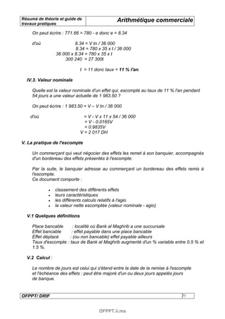Résumé de théorie et guide de                  Arithmétique commerciale
travaux pratiques

     On peut écrire : 771.66 = 780 - e donc e = 8.34

     d'où                 8.34 = V tn / 36 000
                          8.34 = 780 x 35 x t / 36 000
                 36 000 x 8.34 = 780 x 35 x t
                     300 240 = 27 300t

                             t = 11 donc taux = 11 % l'an.

  IV.3. Valeur nominale

     Quelle est la valeur nominale d'un effet qui, escompté au taux de 11 % l'an pendant
     54 jours a une valeur actuelle de 1 983.50 ?

     On peut écrire : 1 983.50 = V – V tn / 36 000

    d'où                       = V - V x 11 x 54 / 36 000
                               = V - 0.0165V
                               = 0.9835V
                             V = 2 017 DH

V. La pratique de l'escompte

     Un commerçant qui veut négocier des effets les remet à son banquier, accompagnés
     d'un bordereau des effets présentés à l'escompte.

     Par la suite, le banquier adresse au commerçant un bordereau des effets remis à
     l'escompte.
     Ce document comporte :

             •   classement des différents effets
             •   leurs caractéristiques
             •   les différents calculs relatifs à l'agio
             •   la valeur nette escomptée (valeur nominale - agio)

  V.1 Quelques définitions

     Place bancable      : localité où Bank al Maghrib a une succursale
     Effet bancable     : effet payable dans une place bancable
     Effet déplacé     : (ou non bancable) effet payable ailleurs
     Taux d'escompte : taux de Bank al Maghrib augmenté d'un % variable entre 0.5 % et
     1.5 %.

  V.2 Calcul :

     Le nombre de jours est celui qui s'étend entre la date de la remise à l'escompte
     et l'échéance des effets : peut être majoré d'un ou deux jours appelés jours
     de banque.


OFPPT/ DRIF                                                                     31



                                      OFPPT.ii.ma
 