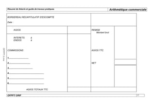 Résumé de théorie et guide de travaux pratiques                                Arithmétique commerciale

              BORDEREAU RECAPITULATIF D'ESCOMPTE

              Date :


                       AGIOS                                               REMISE
                                                                              Montant brut

                       INTERETS                      à
                       ENDOS                         à
OFPPT.ii.ma




              COMMISSIONS                                                  AGIOS TTC


              1................................

              2...................................                         NET

              3.......................................

              4.........................................................

              5.........................................................

              6.........................................................

                                            AGIOS TOTAUX TTC

              OFPPT/ DRIF                                                                                      37
 