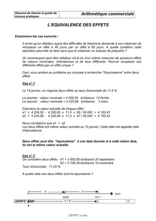 Résumé de théorie et guide de                   Arithmétique commerciale
travaux pratiques


                         L’EQUIVALENCE DES EFFETS

Examinons les cas suivants :

     Il arrive qu'un débiteur ayant des difficultés de trésorerie demande à son créancier de
     remplacer un effet à 40 jours par un effet à 60 jours. A quelle condition cette
     opération peut-elle se faire sans que le créancier ne subisse de préjudice ?

     Un commerçant peut être débiteur vis-à-vis d'un même créancier de plusieurs effets
     de valeurs nominales, d'échéances et de taux différents. Peut-on remplacer ces
     différents effets par un effet unique ?

     Ceci, nous amène au problème qui consiste à rechercher "l'équivalence" entre deux
     effets.

     Cas n° 1

     Le 15 janvier, on négocie deux effets au taux d'escompte de 11,5 %.

     Le premier : valeur nominale = 4 200,00 échéance 12 février.
     Le second : valeur nominale = 4 225,88 échéance 3 mars

     Calculons la valeur actuelle de chaque effet :
     a1 = 4 200,00 - 4 200,00 x 11,5 x 28 / 36 000 = 4 162,43
     a2 = 4 225,88 - 4 225,88 x 11,5 x 47 / 36 000 = 4 162,43

     Nous constatons que a1 = a2
     Les deux effets ont même valeur actuelle au 15 janvier. Cette date est appelée date
     d'équivalence.


     Deux effets sont dits "équivalents" à une date donnée si à cette même date,
     ils ont la même valeur actuelle.


     Cas n° 2
     On considère deux effets : V1 = 3 650,00 échéance 20 septembre
                                V2 = 3 709.49 échéance 10 novembre
     Taux d'escompte : 11.25 %

     A quelle date ces deux effets sont-ils équivalents ?




                     X                          51
                                                                        jours
                                  20/09                     10/11
OFPPT/ DRIF                        X + 51                                        43




                                       OFPPT.ii.ma
 