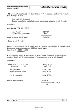 Résumé de théorie et guide de                   Arithmétique commerciale
travaux pratiques



 II.8 Une machine achetée 2 560 DH entraîne 5 % de frais d’achat, en tenant compte d’un
taux de marge de 25 % .

      Quel est le prix de vente ?
      Calculer le coefficient multiplicateur pour passer du prix d’achat au prix de vente.

Solution :

CALCUL DU PRIX DE VENTE :

       Prix d’achat                                 2 560 DH
       Coût d’achat 5%de 2 560                        128

Coût d’achat ou prix de revient                      2 688 DH

Calcul du prix de vente


Pour un prix de vente de 100, le bénéfice set de 25, le prix de revient est de 100-25=75DH
Donc le prix de vente représente 100/75 du prix de revient
Prix de vente =2 688 × 100/75
              =3 584 DH

II.9 Un tailleur a acheté 92 mètres de drap à 53,50 DH le mètre avec 5 % d’escompte.
Quel doit être le prix de vente du mètre s’il veut gagner 25 % sur le prix d’achat ?

Solution :

 Prix d’achat       92×53, 50                        4 922, 00 DH
      Escompte          5%                             246, 10 DH

   Prix d’achat net                                 4 675, 90 DH
   Bénéfice 25% de 4 675, 2                        1 168, 10 DH

   Prix de vente total                              5 844, 87 DH


Prix de vente du mètre                              5 844, 87
                                                                   = 63, 53 DH
                                                          92




OFPPT/ DRIF                                                                        61




                                       OFPPT.ii.ma
 