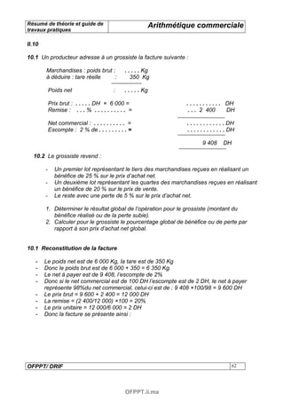 Résumé de théorie et guide de                            Arithmétique commerciale
travaux pratiques

II.10

10.1 Un producteur adresse à un grossiste la facture suivante :

        Marchandises : poids brut :           . . . . . Kg
        à déduire : tare réelle    :             350 Kg

            Poids net                    :    . . . . . Kg

            Prix brut : . . . . . DH × 6 000 =                    . . . . . . . . . . . DH
            Remise : . . . % . . . . . . . . . . =                 . . . 2 400          DH

            Net commercial : . . . . . . . . . . =                . . . . . . . . . . . . DH
            Escompte : 2 % de . . . . . . . . . =                 . . . . . . . . . . . . DH

                                                                          9 408      DH

  10.2 Le grossiste revend :

        -     Un premier lot représentant le tiers des marchandises reçues en réalisant un
              bénéfice de 25 % sur le prix d’achat net.
        -     Un deuxième lot représentant les quartes des marchandises reçues en réalisant
              un bénéfice de 20 % sur le prix de vente.
        -     Le reste avec une perte de 5 % sur le prix d’achat net.

        1. Déterminer le résultat global de l’opération pour le grossiste (montant du
           bénéfice réalisé ou de la perte subie).
        2. Calculer pour le grossiste le pourcentage global de bénéfice ou de perte par
           rapport à son prix d’achat net global.


10.1 Reconstitution de la facture

   -    Le poids net est de 6 000 Kg, la tare est de 350 Kg
   -    Donc le poids brut est de 6 000 + 350 = 6 350 Kg.
   -    Le net à payer est de 9 408, l’escompte de 2%
   -    Donc si le net commercial est de 100 DH l’escompte est de 2 DH, le net à payer
        représente 98%du net commercial, celui-ci est de : 9 408 ×100/98 = 9 600 DH
   -    Le prix brut = 9 600 + 2 400 = 12 000 DH
   -    La remise = (2 400/12 000) ×100 = 20%
   -    Le prix unitaire = 12 000/6 000 = 2 DH
   -    Donc la facture se présente ainsi :




OFPPT/ DRIF                                                                               62




                                               OFPPT.ii.ma
 