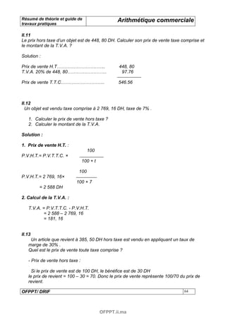 Résumé de théorie et guide de                     Arithmétique commerciale
travaux pratiques

II.11
Le prix hors taxe d’un objet est de 448, 80 DH. Calculer son prix de vente taxe comprise et
le montant de la T.V.A. ?

Solution :

Prix de vente H.T…………………………..                     448, 80
T.V.A. 20% de 448, 80……………………..                    97.76

Prix de vente T.T.C………………………..                    546.56



II.12
  Un objet est vendu taxe comprise à 2 769, 16 DH, taxe de 7% .

   1. Calculer le prix de vente hors taxe ?
   2. Calculer le montant de la T.V.A.

Solution :

1. Prix de vente H.T. :
                                   100
P.V.H.T.= P.V.T.T.C. ×
                                 100 + t

                             100
P.V.H.T.= 2 769, 16×
                           100 + 7
         = 2 588 DH

2. Calcul de la T.V.A. :

   T.V.A. = P.V.T.T.C. - P.V.H.T.
           = 2 588 – 2 769, 16
           = 181, 16


II.13
    Un article que revient à 385, 50 DH hors taxe est vendu en appliquant un taux de
   marge de 30% .
   Quel est le prix de vente toute taxe comprise ?

   - Prix de vente hors taxe :

     Si le prix de vente est de 100 DH, le bénéfice est de 30 DH
   le prix de revient = 100 – 30 = 70. Donc le prix de vente représente 100/70 du prix de
   revient.

OFPPT/ DRIF                                                                      64




                                           OFPPT.ii.ma
 