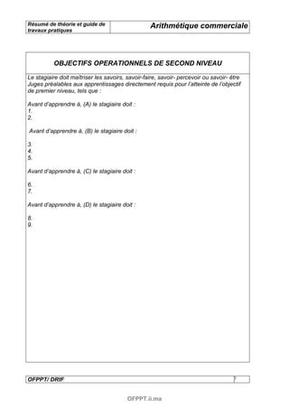 Résumé de théorie et guide de                     Arithmétique commerciale
travaux pratiques




          OBJECTIFS OPERATIONNELS DE SECOND NIVEAU

Le stagiaire doit maîtriser les savoirs, savoir-faire, savoir- percevoir ou savoir- être
Juges préalables aux apprentissages directement requis pour l’atteinte de l’objectif
de premier niveau, tels que :

Avant d’apprendre à, (A) le stagiaire doit :
1.
2.

Avant d’apprendre à, (B) le stagiaire doit :

3.
4.
5.

Avant d’apprendre à, (C) le stagiaire doit :

6.
7.

Avant d’apprendre à, (D) le stagiaire doit :

8.
9.




OFPPT/ DRIF                                                                          7



                                         OFPPT.ii.ma
 
