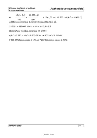 Résumé de théorie et guide de                 Arithmétique commerciale
travaux pratiques

        C (t – 0,4)       16 800 – C
et                    +           = 1 641,60 ou 16 800 t – 0,4 C = 16 460 (2)
         100          100
Additionnons membre à membre les égalités (1) et (2) :

33 600 t = 336 000 d’où t = 10 et t – 0,4 = 9,6

Retranchons membre à membre (2) et (1) :

0,8 C = 7 680 d’où C = 9 600 DH et 16 800 – C = 7 200 DH

9 600 DH étaient placés à 10%, et 7 200 DH étaient placés à 9,6%.




OFPPT/ DRIF                                                              72




                                       OFPPT.ii.ma
 