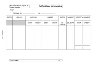 Résumé de théorie et guide de                            Arithmétique commerciale
                 travaux pratiques

                 TAUX :

                      PERIODE DU : ................................      AU :.....................................

              DATES        LIBELLES                      CAPITAUX                             SOLDES                  DATES   NOMBRE      INTERET ou NOMBRE



                                                   DEBIT              CREDIT          DEBIT              CREDIT        DE     DE JOURS      DEBIT           CREDIT
                                                                                                                     VALEUR
OFPPT.ii.ma




                                                                                                                                         --------------- ---------------




                 OFPPT/ DRIF                                                                                         88
 