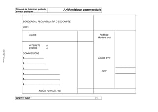 Résumé de théorie et guide de                                      Arithmétique commerciale
              travaux pratiques



                    BORDEREAU RECAPITULATIF D'ESCOMPTE

                    Date :


                             AGIOS                                                                      REMISE
                                                                                                       Montant brut


                             INTERETS                      à
                             ENDOS                         à
OFPPT.ii.ma




                    COMMISSIONS

                    1................................                                                  AGIOS TTC

                    2...................................

                    3.......................................
                                                                                                            NET
                    4.........................................................

                    5.........................................................

                    6.........................................................

                                             AGIOS TOTAUX TTC


              OFPPT/ DRIF                                                                             94
 