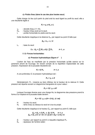 10


              c)- Poids d'eau (dans le cas des plus hautes eaux)

       Cette charge n'a lieu qu'à partir du pied aval du seuil égard au profil du seuil; elle a
une résultante égale à:

                                        Pe = γw x Hev x L

       γw     : densité d'eau (=1.10),
       Hev    : hauteur d'eau aval sur le seuil,
       L      : portée horizontale du pieds aval du seuil.

       Cette résultante s'applique à la distance Xpe, par rapport au point O telle que:

                                         Xpe = Ls – L / 2

       Ls     : base du seuil

                         Ou : Xpe = ∑ (Pei x Xi) / ∑ Pei              i= 1...n

              I.1.2- Forces horizontales:

                      a)- Pression hydrostatique (figure n°              )

       L'action de l'eau se manifeste par la pression horizontale qu'elle exerce sur le
parement amont de l'ouvrage. En tenant compte de la répartition trapézoïdale de cette
pression, l'expression de la poussée résultante est:

                                 Ph = Σ Phi                 i= 1..n

       A une profondeur Z, la pression hydrostatique est :

                                                Phi = γw x Z

       Généralement, Phi s’exerce au tiers inférieur de la hauteur de la retenue H. Cette
pression est répartie suivant un diagramme triangulaire et a pour valeur :

                                              Phi = 1/2 γw x H²

       Lorsque l’ouvrage diverse avec une charge Ho, le diagramme des pressions prend la
forme d’un trapèze et la poussée totale devient :

                                Phi = 1/2 γw x (H + 2 Ho) (t / ml)

       H      : hauteur du seuil;
       Ho     : lame d’eau au dessus du seuil en crue du projet.

       Cette résultante s'applique à la hauteur Zph, par rapport au point O, telle que:

                            Zph = Ear + Σ (Phi x Zi) / Σ Phi  i= 1..n
                      Zph = Ho x H / 2 + H / 3 = [3 (H + Ho) + 2 H ] / 6

       Zi     : hauteur, par rapport au point 0, à laquelle s'applique Phi.
       Ear    : épaisseur de l'arrière radier:
 
