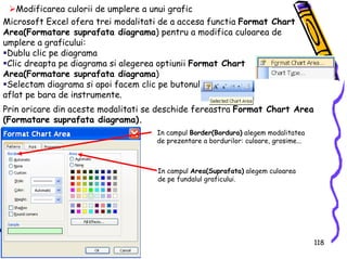 118
Modificarea culorii de umplere a unui grafic
Microsoft Excel ofera trei modalitati de a accesa functia Format Chart
Ar...