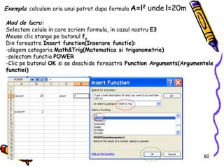 80
Exemplu: calculam aria unui patrat dupa formula A=l2 unde l=20m
Mod de lucru:
Selectam celula in care scriem formula, i...