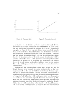 5



   R(t)                                    A(t)
                                          1.2

  0.8                                      1
  0.6
                                          0.8
  0.4
                                          0.6
  0.2
                                          0.4
                                      t
             1     2      3       4
                                          0.2
 -0.2
                                                                                t
                                                     1      2     3         4




        Figure 4: Constant Rate                 Figure 5: Amount absorbed



us say that the rate at which the medication is absorbed through the skin
is a function R(t), where R stands for rate and t for time. It is fair to say,
that over some period of time R(t) is constant, say .3 mg/hr. The situation
is graphed in Figure 4. Over a period of three hours your body absorbs
.9 mg of the medication. We multiplied the rate at which the medication
is absorbed with the length of time over which this happened. Assuming
that you applied the patch at time t = 0, the three hours would end at
time t = 3. An interpretation of the total amount of medication which is
absorbed between t = 0 and t = 3 is the area of the rectangle bounded by
the line t = 0, the line t = 3, the x-axis, and the graph of the function
R(t) = .3. Its side lengths are 3 and .3. In Figure 5 you see the function
A(t) = .3t. It tells you, as a function of time, how much medication has
been absorbed.
    Suppose next that the medication is given orally in form of a pill. As
the pill dissolves in the stomach, it sets the medication free so that your
body can absorb it. The rate at which the medication is absorbed is pro-
portional to the amount dissolved. As time progresses, the medication is
moved through your digestive system, and decreasing amounts are available
to being absorbed. A function which could represent the rate of absorption
as a function of time is shown in Figure 6. We denote it once more by R(t).
Again you may want to ﬁnd out how much medication has been absorbed
within a given time, say within the ﬁrst 4 hours after swallowing the pill.
Set the time at which you took the pill as time t = 0. It should be reason-
able to say (in fact a strong case can be made for this) that the amount of
 
