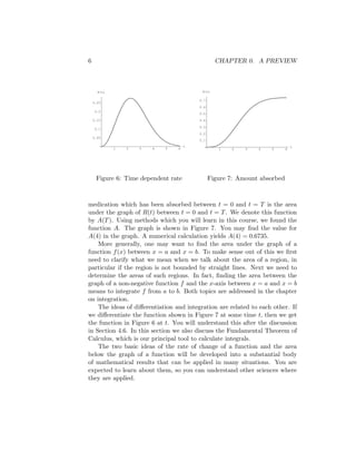 6                                                CHAPTER 0. A PREVIEW



      R(t)                                A(t)

                                         0.7
    0.25
                                         0.6
    0.2
                                         0.5

    0.15                                 0.4

                                         0.3
    0.1
                                         0.2
    0.05
                                         0.1
                                     t                                         t
             1   2   3   4   5   6                1   2    3   4   5       6




     Figure 6: Time dependent rate             Figure 7: Amount absorbed



medication which has been absorbed between t = 0 and t = T is the area
under the graph of R(t) between t = 0 and t = T . We denote this function
by A(T ). Using methods which you will learn in this course, we found the
function A. The graph is shown in Figure 7. You may ﬁnd the value for
A(4) in the graph. A numerical calculation yields A(4) = 0.6735.
    More generally, one may want to ﬁnd the area under the graph of a
function f (x) between x = a and x = b. To make sense out of this we ﬁrst
need to clarify what we mean when we talk about the area of a region, in
particular if the region is not bounded by straight lines. Next we need to
determine the areas of such regions. In fact, ﬁnding the area between the
graph of a non-negative function f and the x-axis between x = a and x = b
means to integrate f from a to b. Both topics are addressed in the chapter
on integration.
    The ideas of diﬀerentiation and integration are related to each other. If
we diﬀerentiate the function shown in Figure 7 at some time t, then we get
the function in Figure 6 at t. You will understand this after the discussion
in Section 4.6. In this section we also discuss the Fundamental Theorem of
Calculus, which is our principal tool to calculate integrals.
    The two basic ideas of the rate of change of a function and the area
below the graph of a function will be developed into a substantial body
of mathematical results that can be applied in many situations. You are
expected to learn about them, so you can understand other sciences where
they are applied.
 