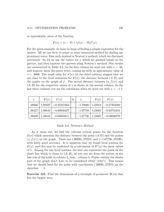 3.11. OPTIMIZATION PROBLEMS                                             195

or equivalently, zeros of the function

                     F (x) = (x − A) + (f (x) − B)f (x).

For the given example, we have no hope of ﬁnding a simple expression for the
answer. All we can do is to resort to some numerical method for ﬁnding ap-
proximate zeros. One such method is Newton’s method, which we discussed
previously. So let us use the values for x which we guessed based on the
picture, and then improve the guesses using Newton’s method. Our results
are summarized in Table 3.2. In the ﬁrst column we start out with x = .38,
and improve upon this guess twice, coming up with an approximate value of
x = .3069. The small value for F (x) (in the third column) suggest that we
are close to the local minimum for E(x), the distance between (A, B) and
the points on the graph of f . The actual distance between (x, f (x)) and
(A, B) for the respective values of x is shown in the second column. In the
last three columns you see the calculation when we start out with x = −1.7.


    x        E(x)      F (x)        &     x          E(x)      F (x)
  .38000 1.09497 +0.25241983             −1.70000 1.22918 −0.27393092
  .30427 1.08643 −0.00940427             −1.67789 1.22667 −0.00731624
  .30690 1.08642 −0.00002611             −1.67726 1.22667 −0.00000876


                        Table 3.2: Newton’s Method

    As it turns out, we ﬁnd the relevant critical points for the function
E(x) which measures the distance between the point (A, B) and the points
(x, f (x)) on the graph. These are (.30690, .27253) and (−1.67726, .65536),
with fairly good accuracy. It is apparent that we found local minima for
E(x), and this may be conﬁrmed by a calculation of E (x) for these values
of x. Among the two local minima, the ﬁrst one represents the point on the
shore line which is closer to (A, B), as you can see from the entries in the
last row of the table in column 2, resp,. column 5. Points outside the shown
part of the graph don’t have to be considered either (why?). This means
that we should head for the point with coordinates (.30690, .27253) on the
shoreline. ♦

Exercise 121. Find the dimensions of a rectangle of perimeter 30 cm that
has the largest area.
 