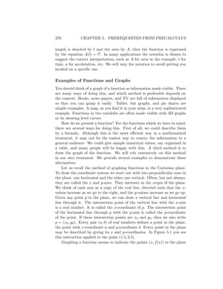 270            CHAPTER 5. PREREQUISITES FROM PRECALCULUS

length is denoted by l and the area by A, then the function is expressed
by the equation A(l) = l2 . In many applications the notation is chosen to
suggest the correct interpretation, such as A for area in the example, t for
time, a for acceleration, etc. We will vary the notation to avoid getting you
hooked on a speciﬁc one.

Examples of Functions and Graphs
You should think of a graph of a function as information made visible. There
are many ways of doing this, and which method is preferable depends on
the context. Books, news papers, and TV are full of information displayed
so that you can grasp it easily. Tables, bar graphs, and pie charts are
simple examples. A map, as you ﬁnd it in your atlas, is a very sophisticated
example. Functions in two variables are often made visible with 3D graphs
or by showing level curves.
    How do we present a function? For the functions which we have in mind,
there are several ways for doing this. First of all, we could describe them
by a formula. Although this is the most eﬃcient way in a mathematical
treatment, it may not be the easiest way to convey the information to a
general audience. We could give sample numerical values, say organized in
a table, and many people will be happy with this. A third method is to
draw the graph of the function. We will rely extensively on this method
in our own treatment. We provide several examples to demonstrate these
alternatives.
    Let us recall the method of graphing functions in the Cartesian plane.
To draw the coordinate system we start out with two perpendicular axes in
the plane, one horizontal and the other one vertical. Often, but not always,
they are called the x and y-axes. They intersect in the origin of the plane.
We think of each axis as a copy of the real line, directed such that the x-
values increase as we go to the right, and the y-values increase as we go up.
Given any point p in the plane, we can draw a vertical line and horizontal
line through it. The intersection point of the vertical line with the x-axis
is a real number. It is called the x-coordinate of p. The intersection point
of the horizontal line through p with the y-axis is called the y-coordinate
of the point. If these intersection points are x0 and y0 , then we also write
p = (x0 , y0 ). Every pair (a, b) of real numbers deﬁnes a point in the plane,
the point with x-coordinate a and y-coordinate b. Every point in the plane
may be described by giving its x and y-coordinates. In Figure 5.1 you see
this instruction applied to the point (1.5, 2.5).
    Graphing a function means to indicate the points (x, f (x)) in the plane
 
