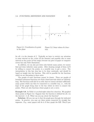 5.3. FUNCTIONS, DEFINITION AND NOTATION                                        271



         3

                                                 4

         2
                                                 2

         1

                                         -0.5        0.5   1   1.5   2   2.5   3

 -1               1       2       3
                                                -2

        -1




 Figure 5.1: Coordinates of a point      Figure 5.2: Some values of a func-
 in the plane                            tion



for all x in the domain of f . Typically we have to restrict our attention
to some interval on the x-axis (of the domain) and possibly also to some
interval on the y-axis (of the range) because our piece of paper or computer
screen has only ﬁnite dimensions.
    In addition, we can also put down only ﬁnitely many points, we cannot
ﬁnd and draw inﬁnitely many points. After drawing enough of them we’ll
be willing to connect the points, in a sensible way, to get a curve. The
interpolation in this last step has to be done cautiously, and should be
based on insight into the function. This will be possible for the functions
which we are discussing in these notes.
    The graphs of some functions cannot be drawn. There are graphs of
bounded continuous functions over ﬁnite closed intervals which are inﬁnitely
long. The function could also be so wild, that we cannot calculate suﬃciently
many points which can then be connected in a sensible way, i.e., with the
hope of the graph being close to the line which we drew to connect the
points. There are also functions whose graph is not a curve.

Example 5.9. In Table 5.1 you ﬁnd eight values for a function. We graphed
these points in Figure 5.2. Suppose that the function is deﬁned for all x in
the interval [−1, 3]. What can you say about the function?
   Solution: All you can say is that the graph goes through the indicated
points. In practice, you may see these points connected by straight line
segments. E.g., some papers will do it if they graph the DJI. They’ll put
 