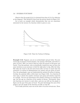 5.6. INVERSE FUNCTIONS                                                       287

    Observe that the graph of g(x) is obtained from that of f (x) by reﬂection
at the diagonal. This should be clear from the picture shown in Figure 5.21.
    Let us give an example which demonstrates that you are sometimes
interested in the inverse of a function which is given to you.




                 6

                 5

                 4

                 3

                 2

                 1


                           5000      10000      15000     20000




                  Figure 5.22: Chart for Carbon-14 Dating



Example 5.16. Suppose, you are an archaeologist and got lucky. On your
recent dig you found a burial chamber, the mummy still inside, and with it a
piece of wood. Well, you need to ﬁnd out when the person in this grave was
buried. Your lab assistant, who is scientiﬁcally trained but may not have the
same intuition as you necessary to ﬁnd the right place to dig, oﬀers her help.
She takes the wood to the lab and returns after an hour to report that she
measured 1.8 carbon-14 disintegrations per minute and per gram of wood.
You, the archaeologist, may not understand the method of carbon-14 dating.
As help, the assistant oﬀers a little chart (see Figure 5.22). As a function of
time (age), it shows the number of decays (per gram and minute) expected
in a sample. You are not interested in the number of decays as a function of
age, but the age as a function of the number of decays. Fortunately, these
two functions are inverse to each other, and you can still use the graph to
ﬁgure out the age of the piece of wood. You just interchange the axes of the
graph to get the graph of the function you like to read oﬀ.
    To be really practical, start out at the value 1.8 on the vertical axis. Draw
 